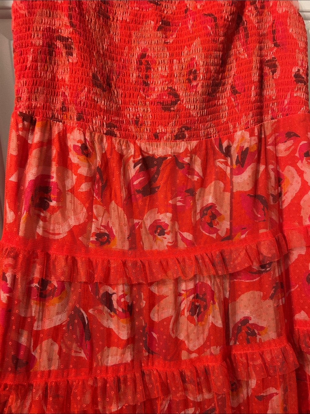 Anthropologie Coral-Red Floral Mesh Tiered Dress - Picture 4 of 11